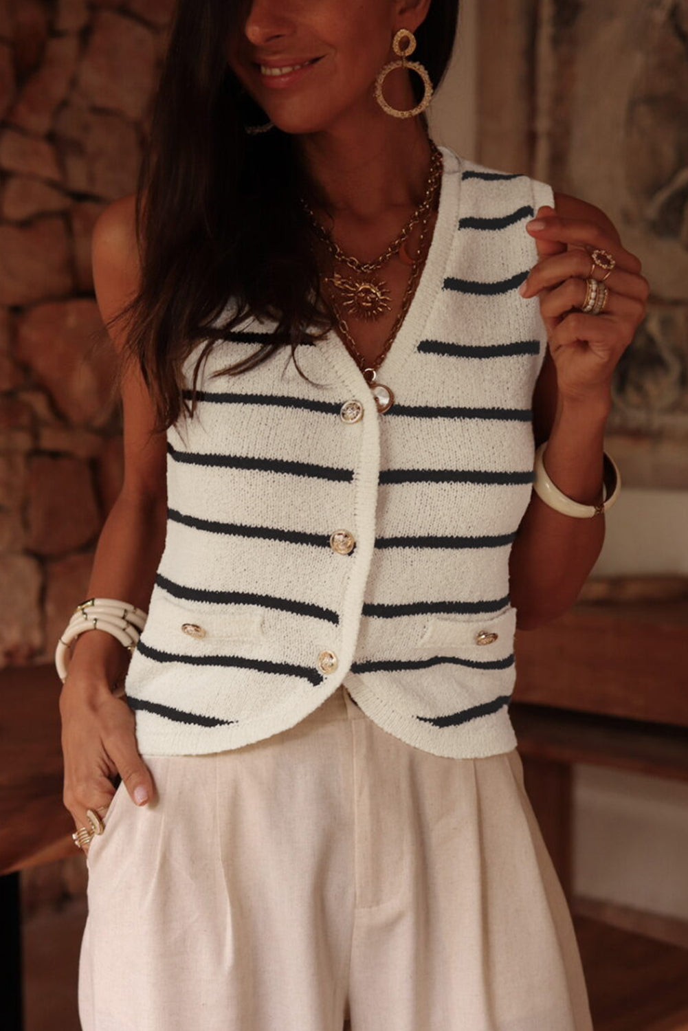 Black Stripe Buttoned V Neck Slim Fit Knit Vest-15% OFF-[Adult]-[Female]-2022 Online Blue Zone Planet