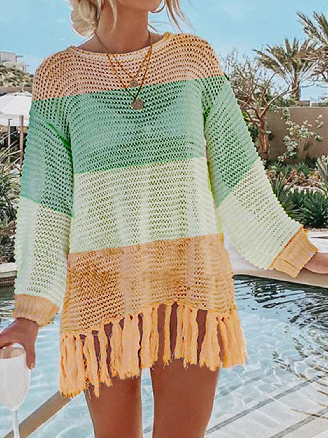 Blue Zone Planet | Angel Wings Openwork Tassel Hem Long Sleeve Knit Cover Up-TOPS / DRESSES-[Adult]-[Female]-Light Green-S-2022 Online Blue Zone Planet