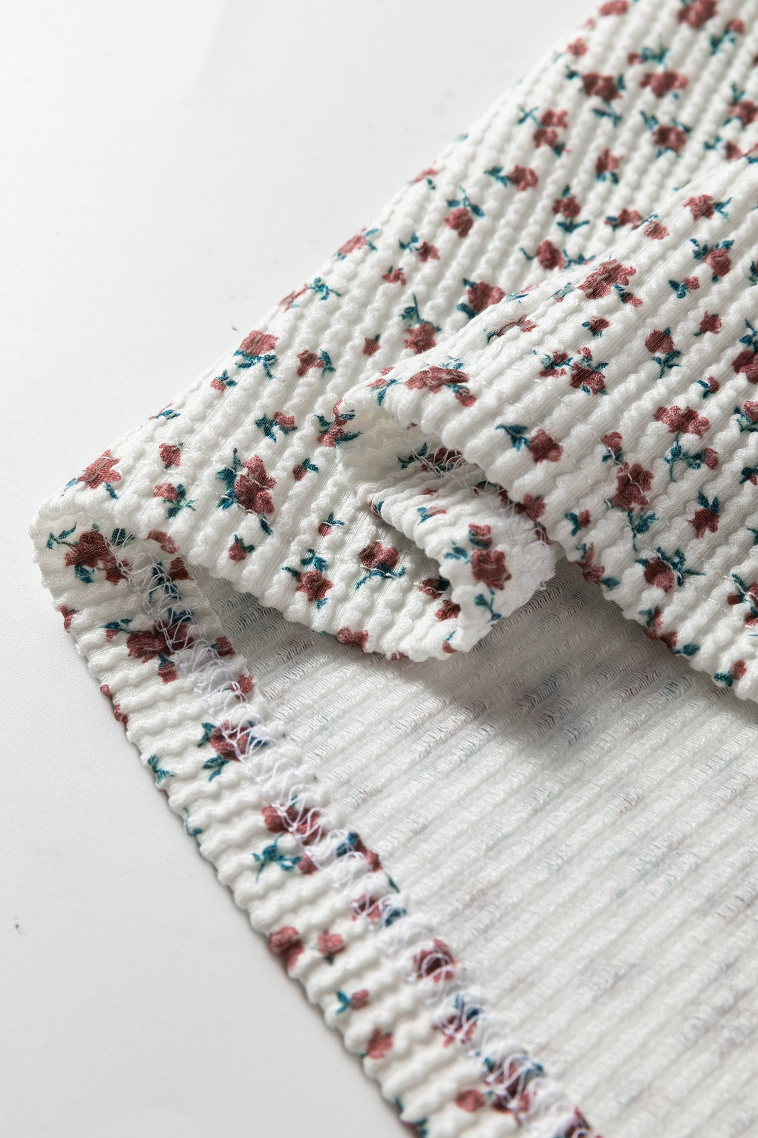 White Spiral Ribbed Floral Print Long Sleeve Henley Top Drawstring Short Set-Two Piece Sets/Short Sets-[Adult]-[Female]-2022 Online Blue Zone Planet