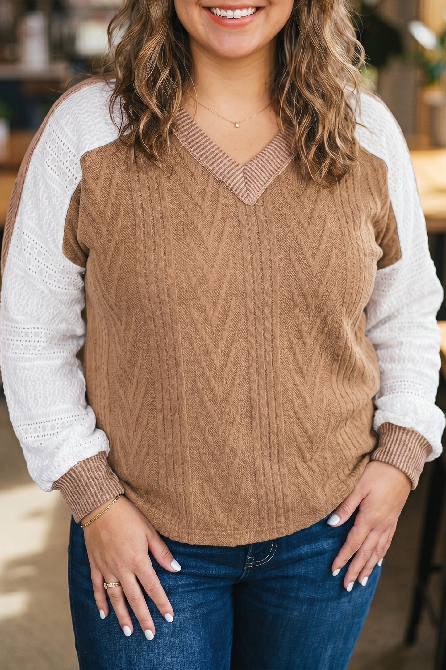 Coffee V Neck Lace Sleeve Patchwork Plus Size Blouse-Plus Size/Plus Size Tops/Plus Size Long Sleeve Tops-[Adult]-[Female]-2022 Online Blue Zone Planet