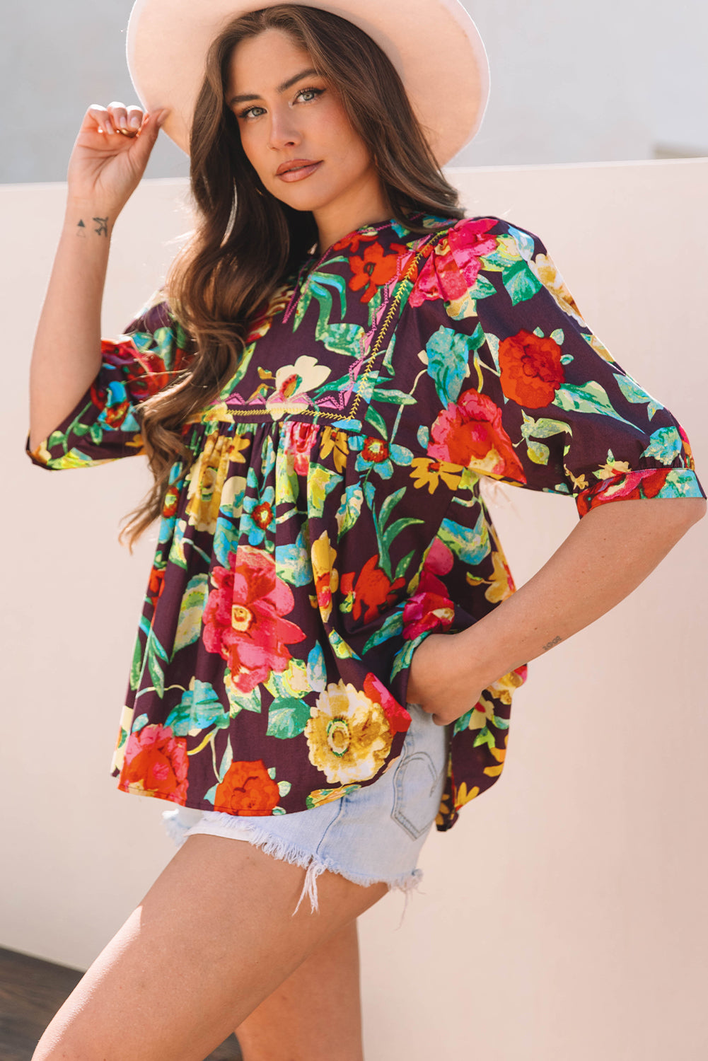 Greyish Purple Rose Flower Embroidered Trim Half Sleeve Blouse-Tops/Blouses & Shirts-[Adult]-[Female]-2022 Online Blue Zone Planet