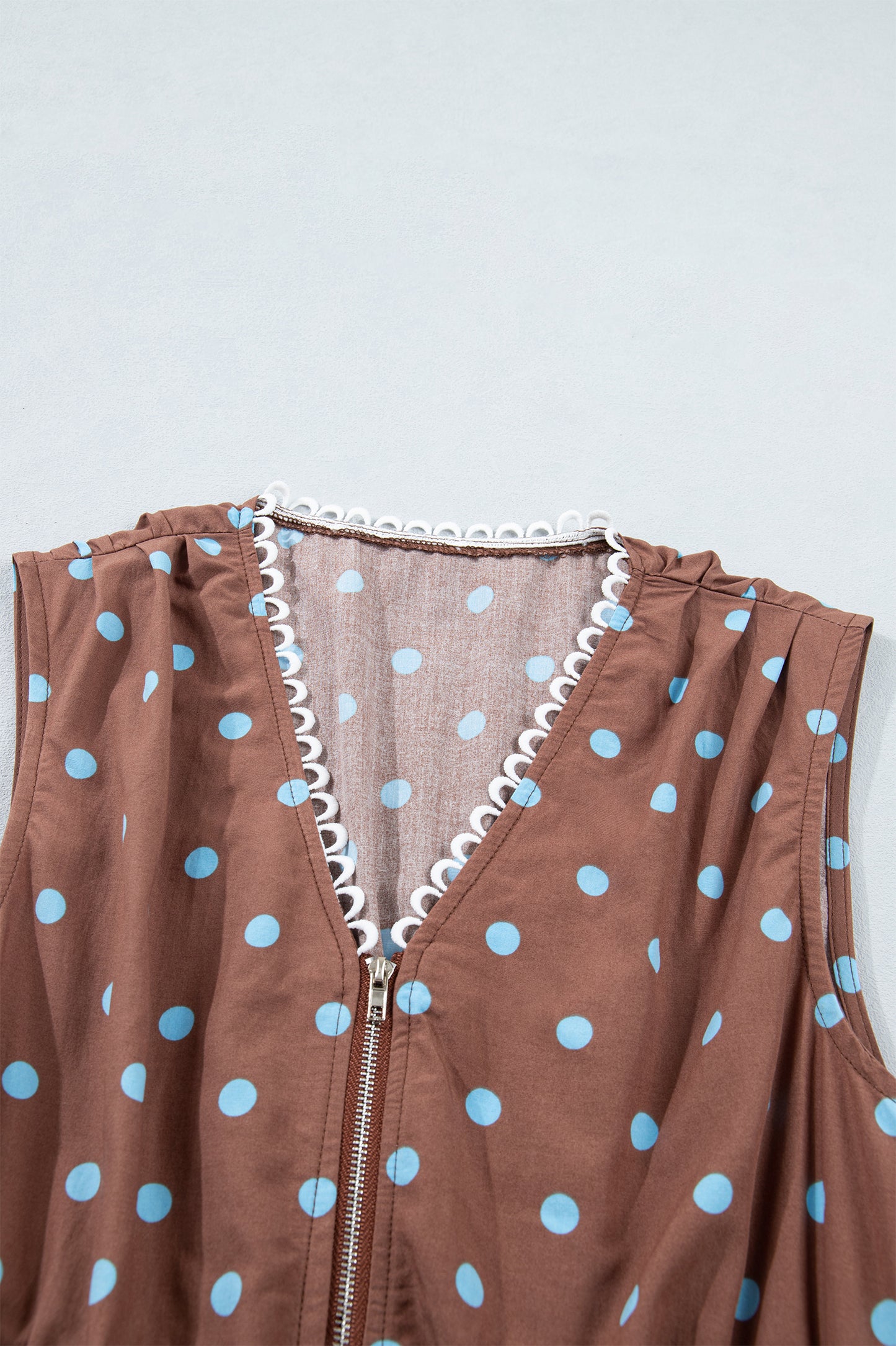 Black Polka Dot Print Contrast Trim V Neck Zip Up Sleeveless Dress-TOPS / DRESSES-[Adult]-[Female]-2022 Online Blue Zone Planet