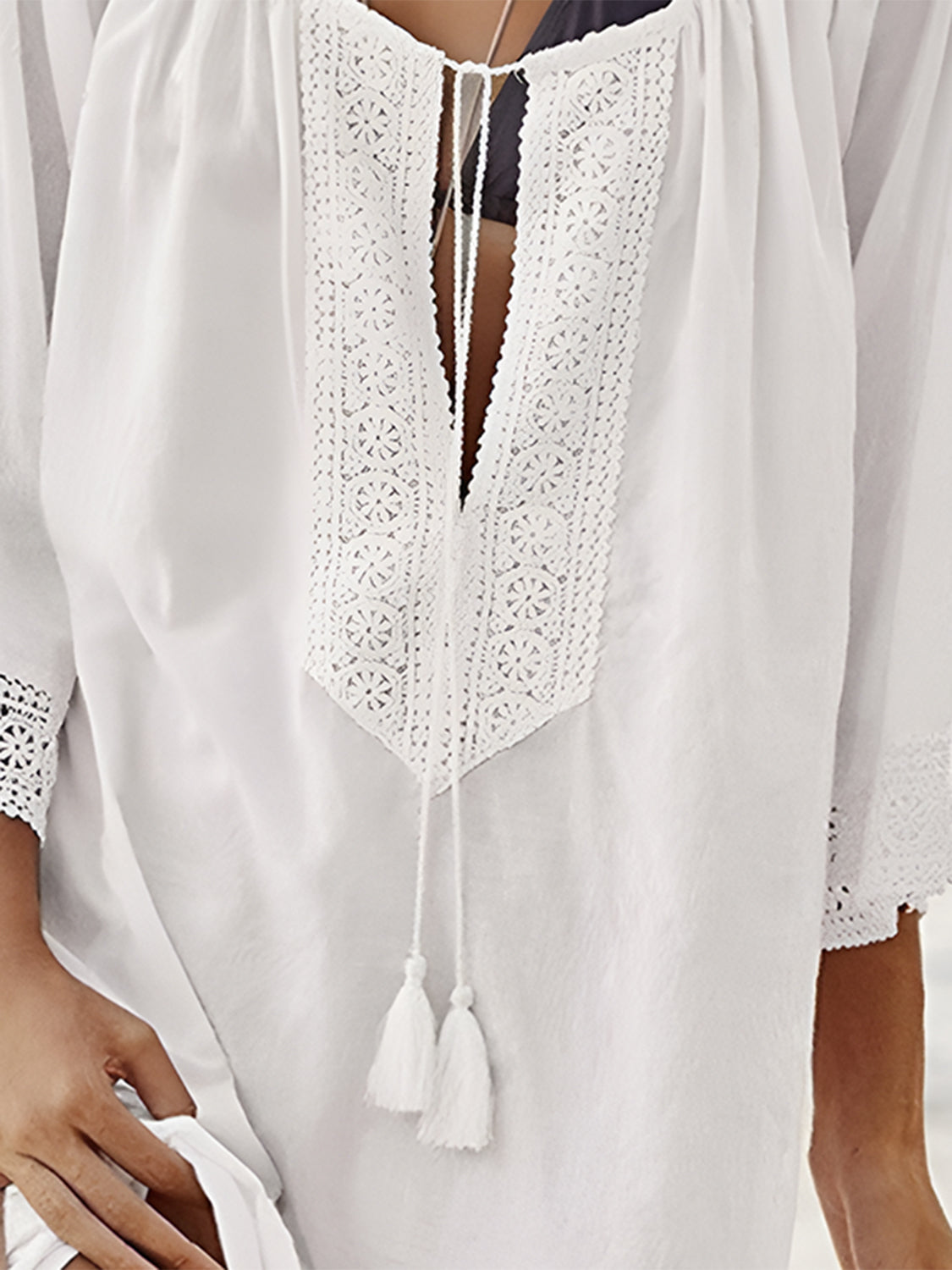 Lace Detail Tie Neck Three-Quarter Sleeve Cover Up-TOPS / DRESSES-[Adult]-[Female]-White-One Size-2022 Online Blue Zone Planet