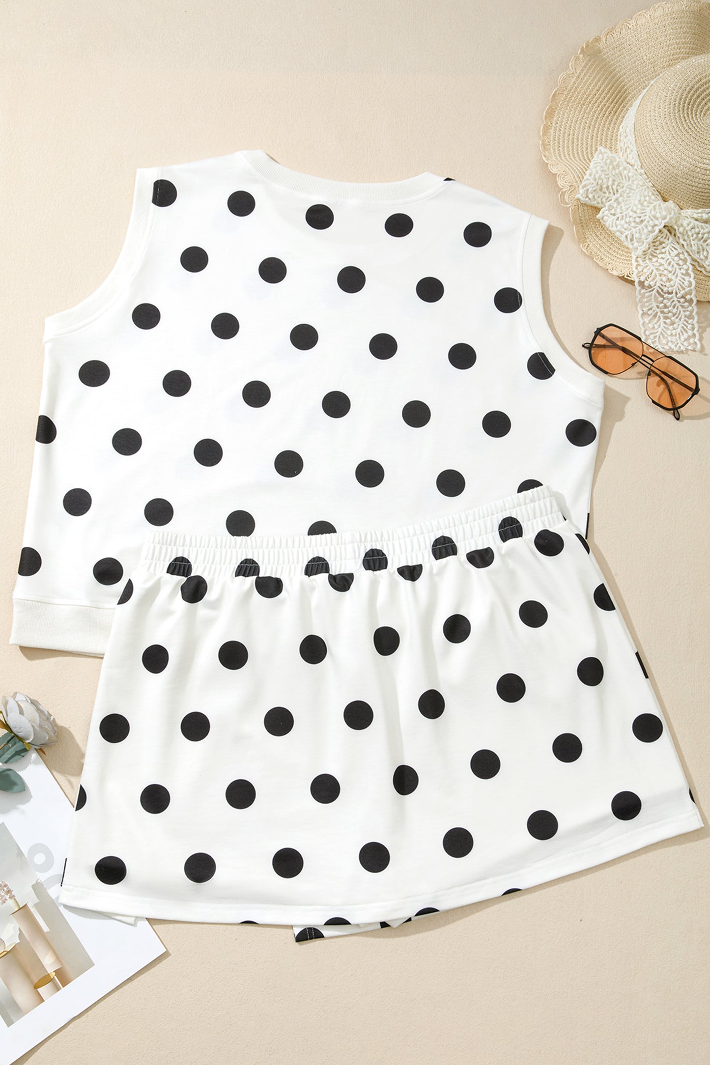White Plus Size Polka Dot Printed Tank Split Skort 2pcs Outfit-Plus Size/Plus Size Loungewear-[Adult]-[Female]-2022 Online Blue Zone Planet