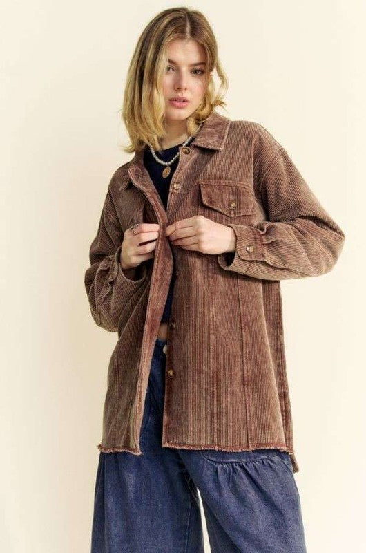 Davi & Dani Washed Corduroy Raw Hem Button Up Jacket-TOPS / DRESSES-[Adult]-[Female]-2022 Online Blue Zone Planet