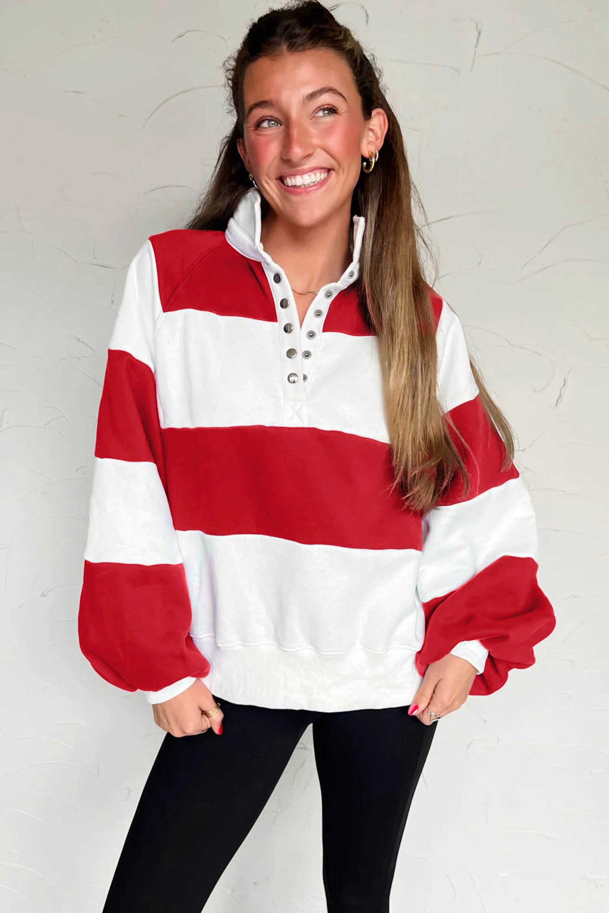 Dark Blue Striped Color Block Button V Neck Puff Sleeve Casual Sweatshirt-Tops/Sweatshirts & Hoodies-[Adult]-[Female]-2022 Online Blue Zone Planet