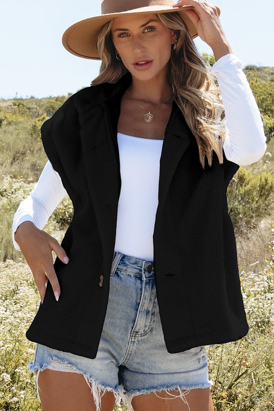 Black Sherpa Stand Collar Jacket Vest-Outerwear/Vests-[Adult]-[Female]-Black-S-2022 Online Blue Zone Planet