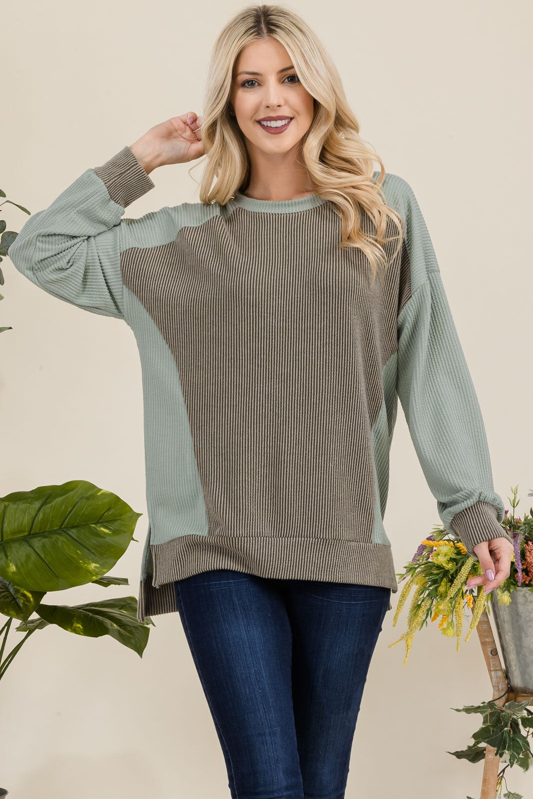 Blue Zone Planet | Celeste Full Size High-Low Contrast Round Neck Sweatshirt-TOPS / DRESSES-[Adult]-[Female]-2022 Online Blue Zone Planet