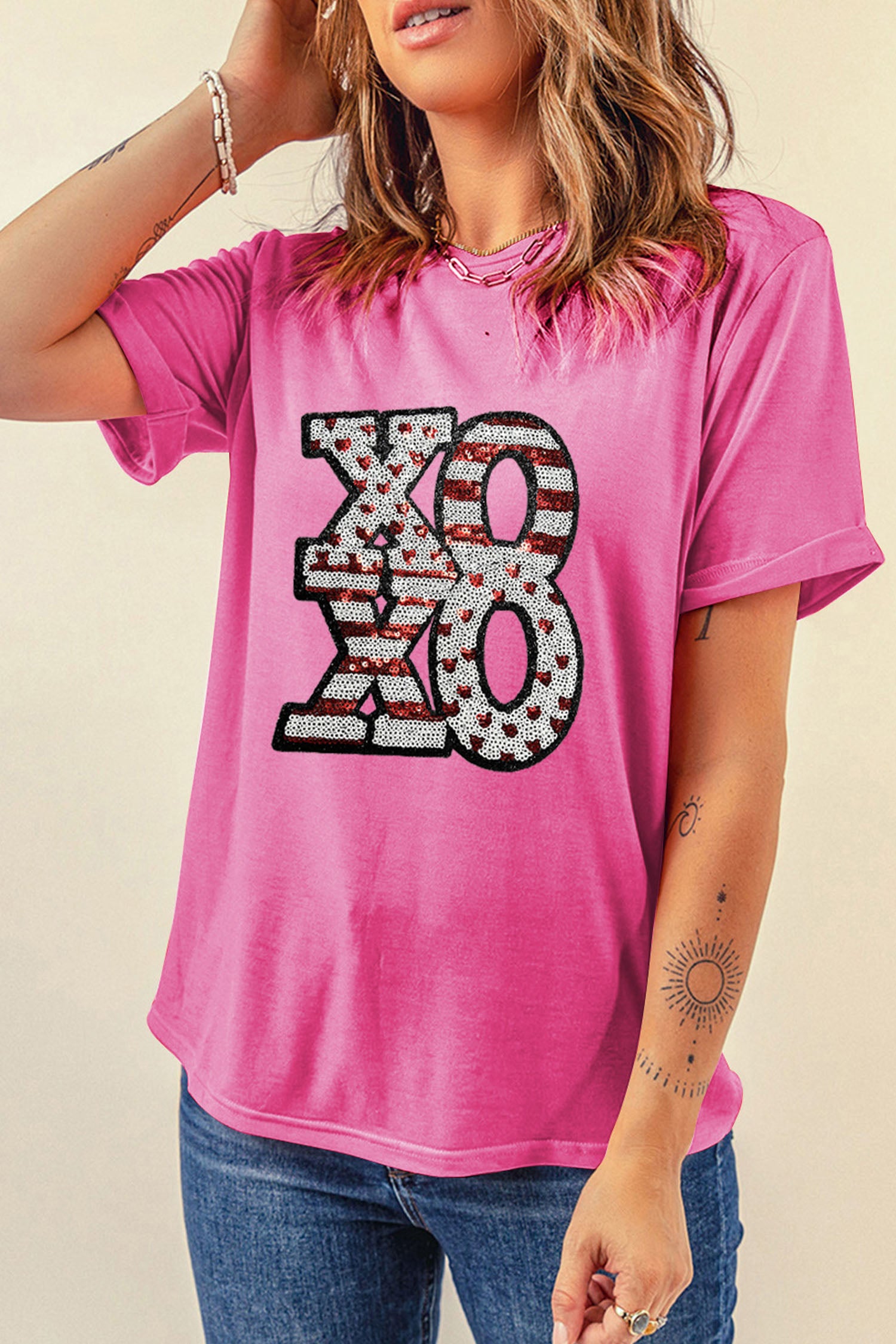 Sachet Pink Sequined Xoxo Graphic Valentine T Shirt-Graphic Tees-[Adult]-[Female]-2022 Online Blue Zone Planet
