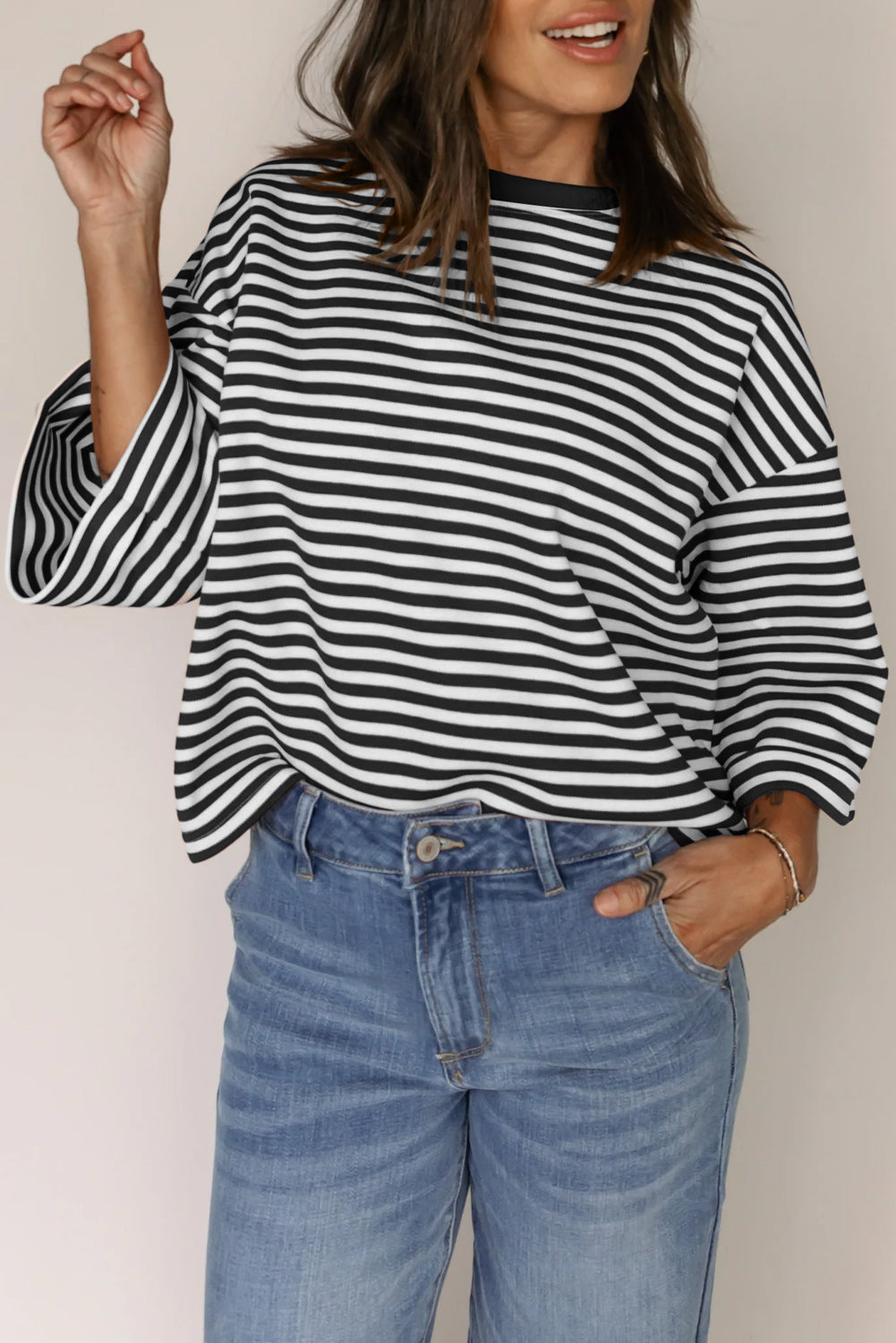 Black Stripe Bowknot Cutout Back Drop Shoulder Wide Bracelet Sleeve Loose Tee-Tops/Tops & Tees-[Adult]-[Female]-2022 Online Blue Zone Planet