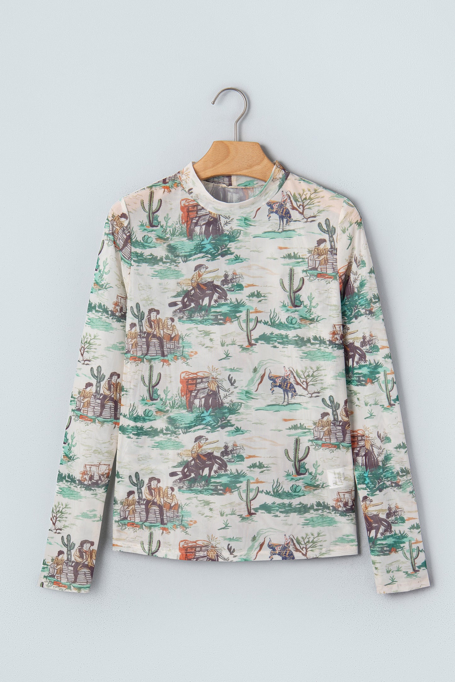 Green Western Print Long Sleeve Round Neck Slim Top-Tops/Long Sleeve Tops-[Adult]-[Female]-2022 Online Blue Zone Planet