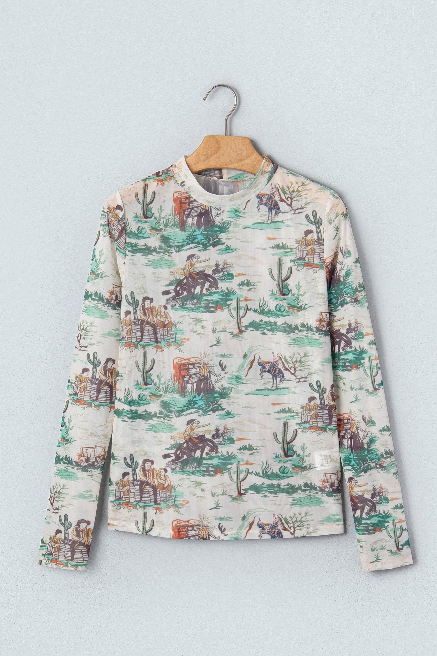 Green Western Print Long Sleeve Round Neck Slim Top-Tops/Long Sleeve Tops-[Adult]-[Female]-2022 Online Blue Zone Planet