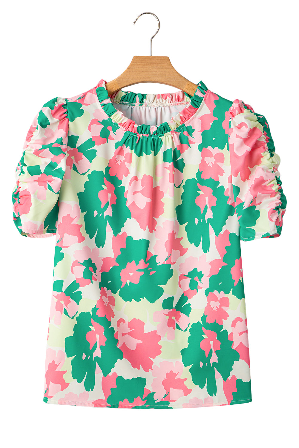 Green Abstract Print Frilly Neck Ruched Short Sleeve Blouse-Tops/Blouses & Shirts-[Adult]-[Female]-2022 Online Blue Zone Planet