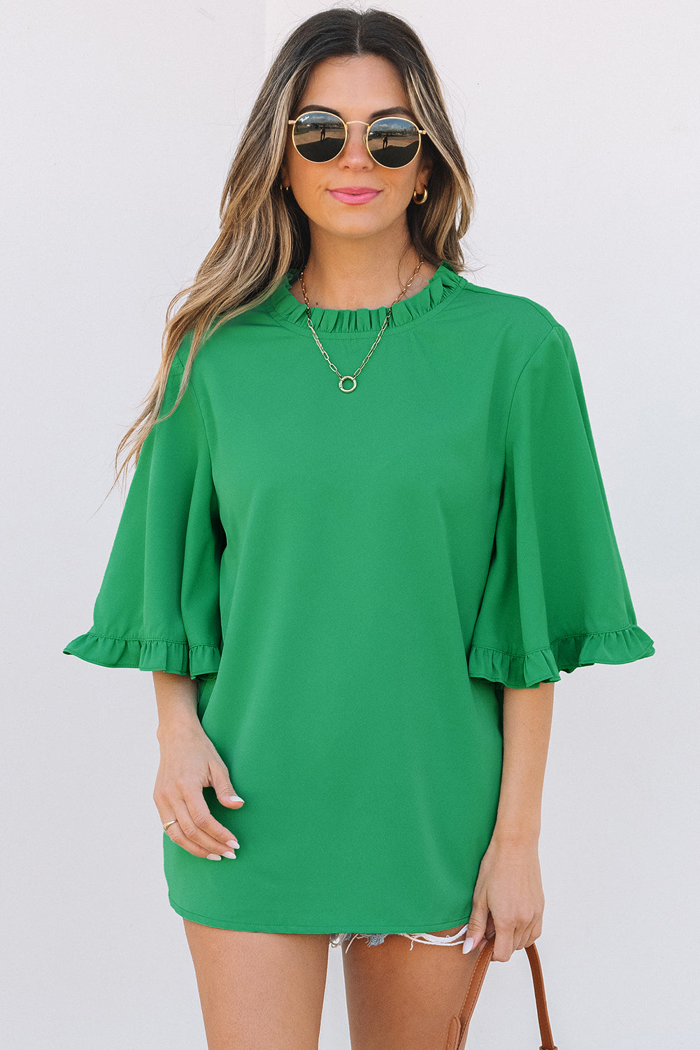 Blue Zone Planet | Green Frilly Round Neck Wide Half Sleeve Blouse-Tops/Blouses & Shirts-[Adult]-[Female]-2022 Online Blue Zone Planet