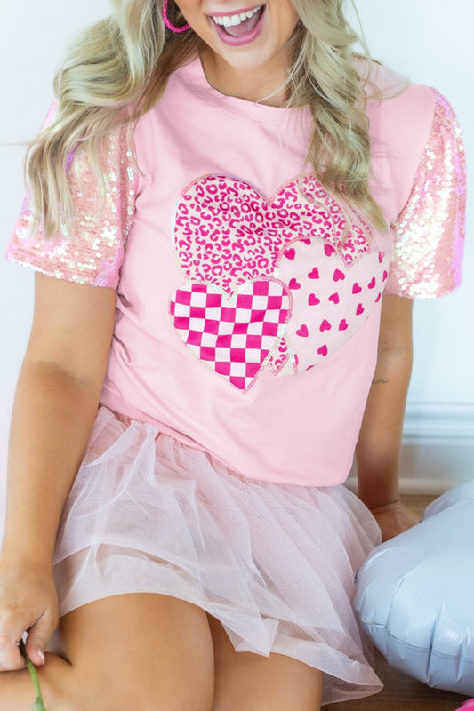 Light Pink Three Sweet Hearts Printed Sequin Trim Contrast Sleeve Patchwork Tee-Tops/Tops & Tees-[Adult]-[Female]-Light Pink-S-2022 Online Blue Zone Planet
