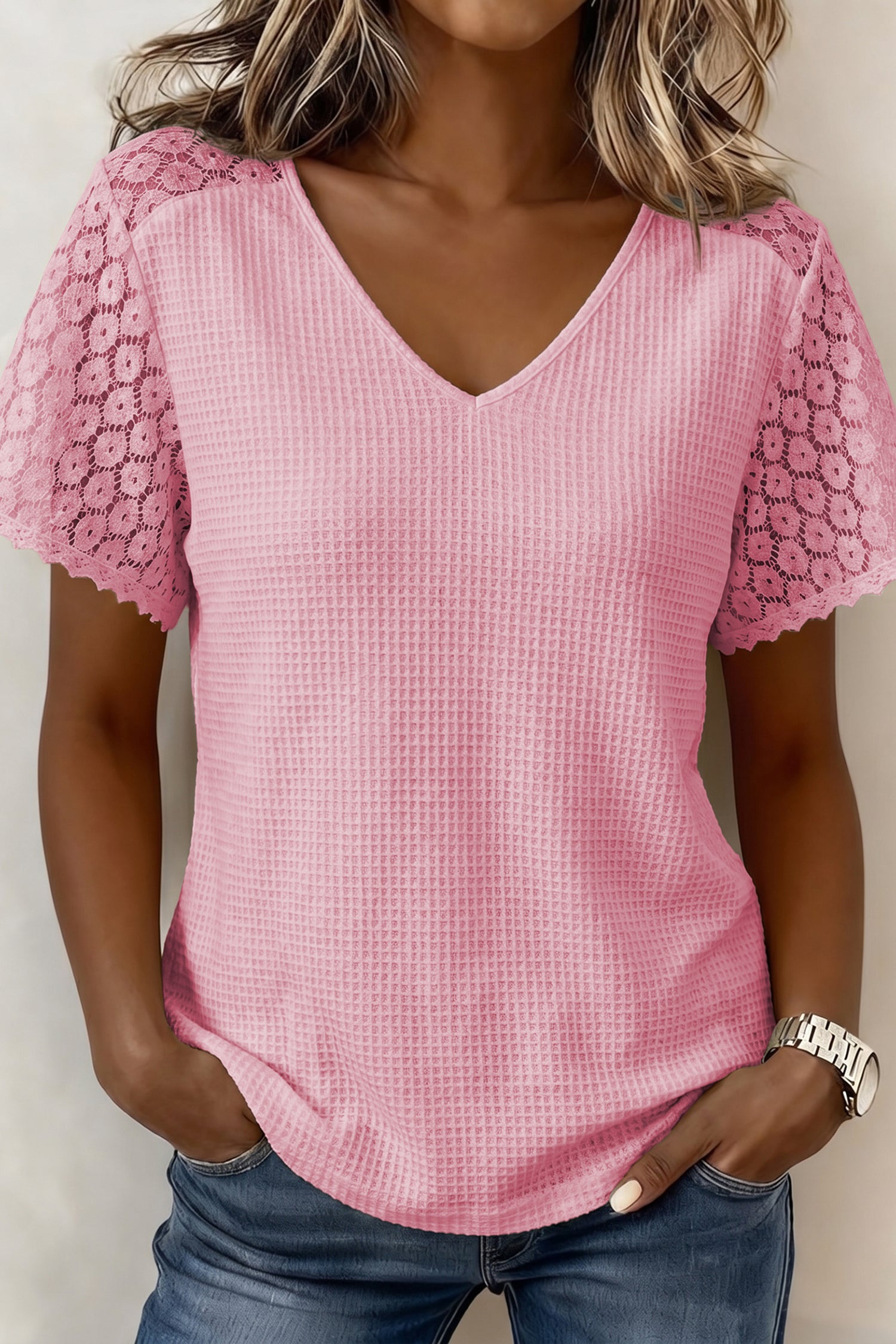 Pink Lace Splicing Button Cutout V Neck Waffle Knit Blouse-Tops/Blouses & Shirts-[Adult]-[Female]-2022 Online Blue Zone Planet