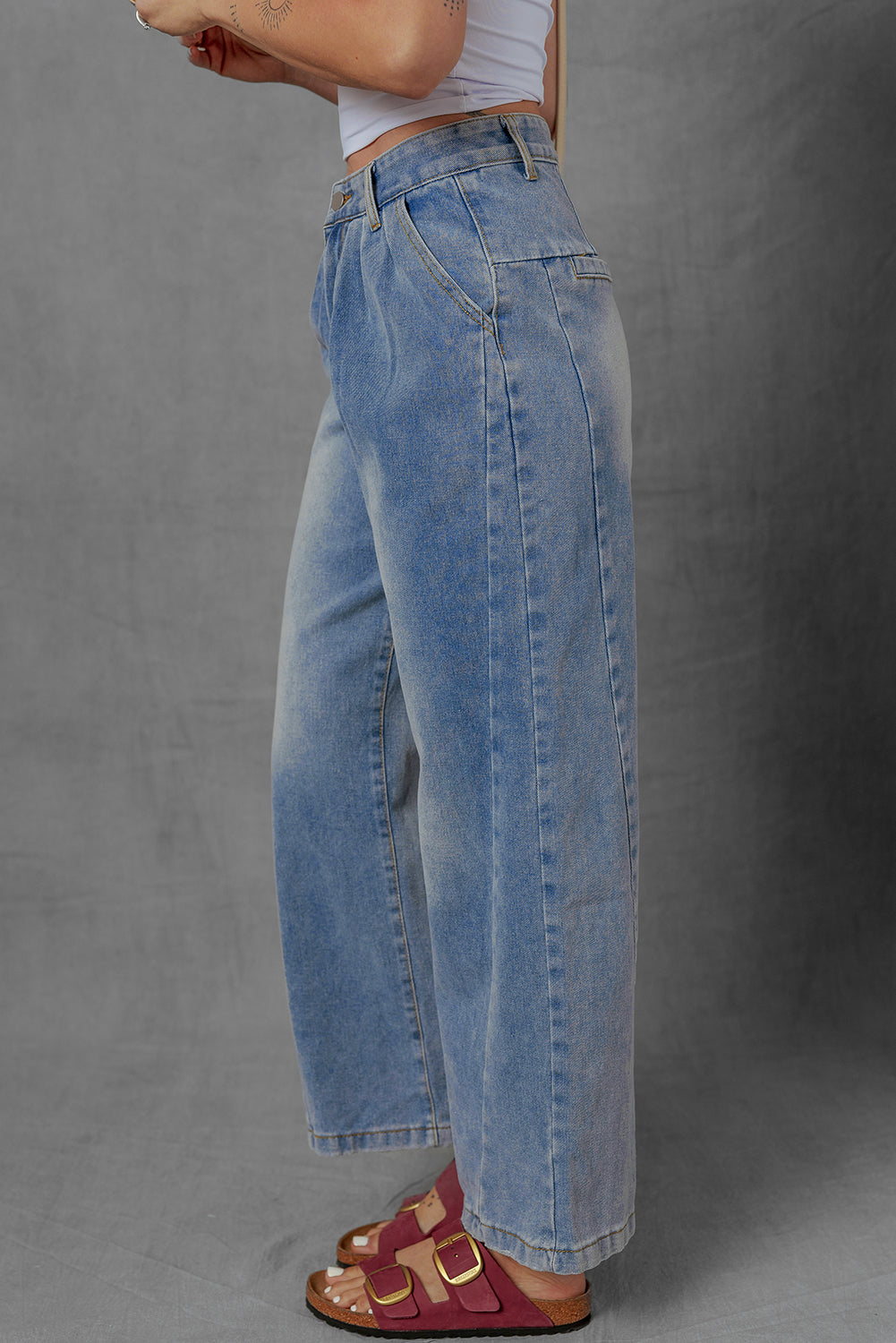 Ashleigh Blue Washed Pleated Detail Wide Leg Jeans-Bottoms/Jeans-[Adult]-[Female]-2022 Online Blue Zone Planet