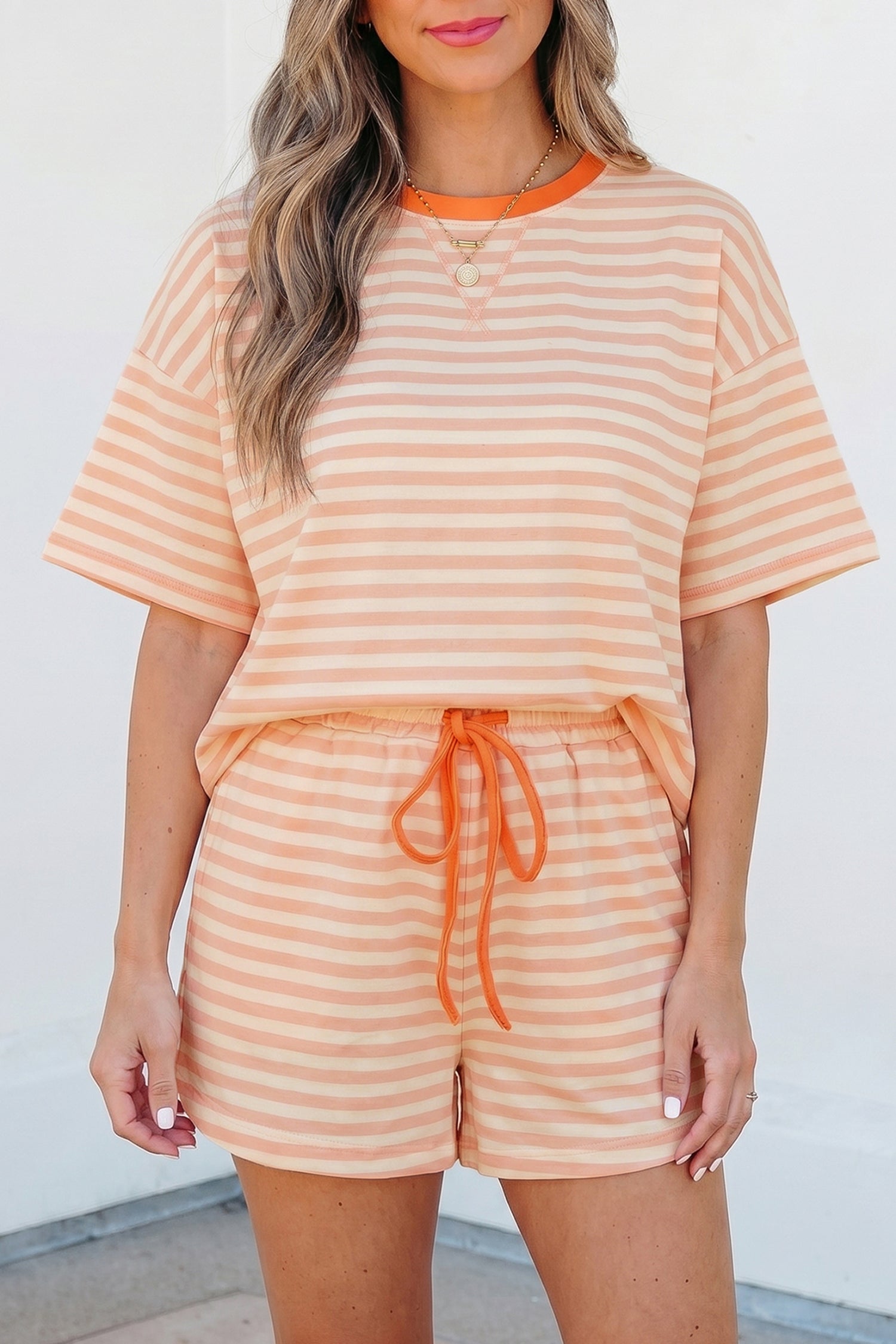 Pink Stripe Contrast Neck Loose Tee and Drawstring Shorts Set-Two Piece Sets/Short Sets-[Adult]-[Female]-2022 Online Blue Zone Planet