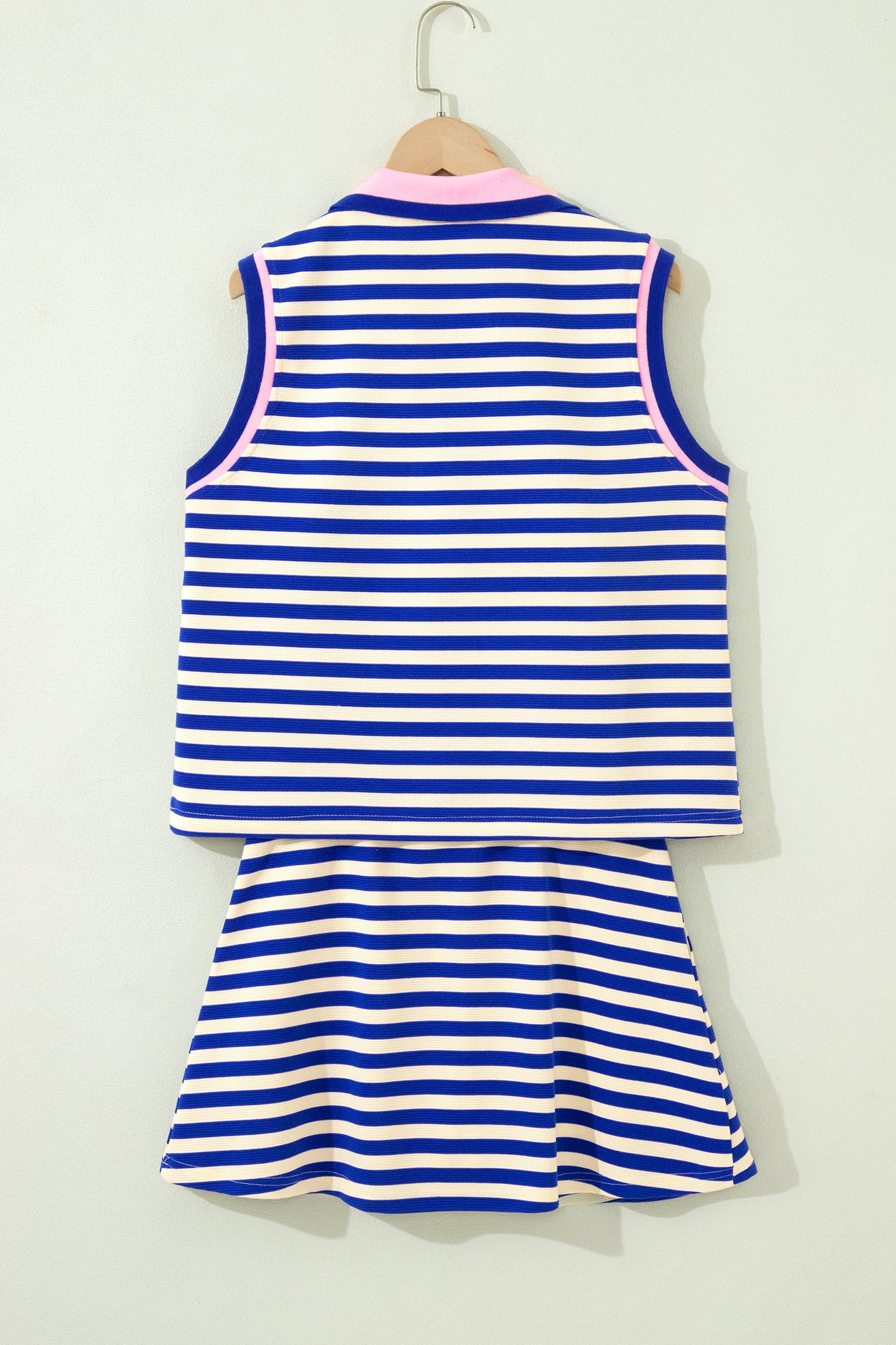 Bright Green Textured Stripe Print Contrast Trim Zip Collar Sleeveless 2pcs Skort Set-Two Piece Sets/Two Piece Dresses-[Adult]-[Female]-2022 Online Blue Zone Planet