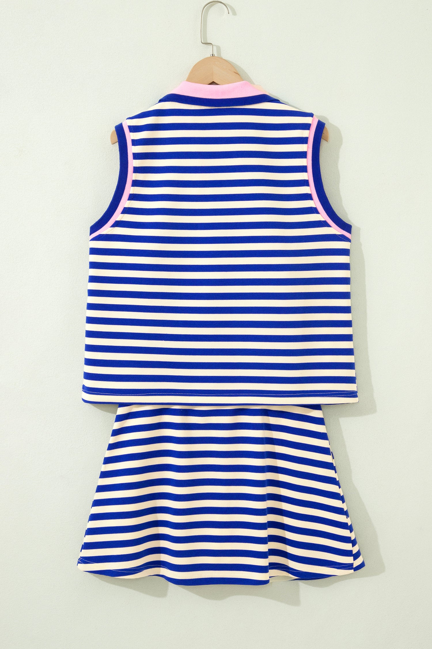 Bright Green Textured Stripe Print Contrast Trim Zip Collar Sleeveless 2pcs Skort Set-Two Piece Sets/Two Piece Dresses-[Adult]-[Female]-2022 Online Blue Zone Planet