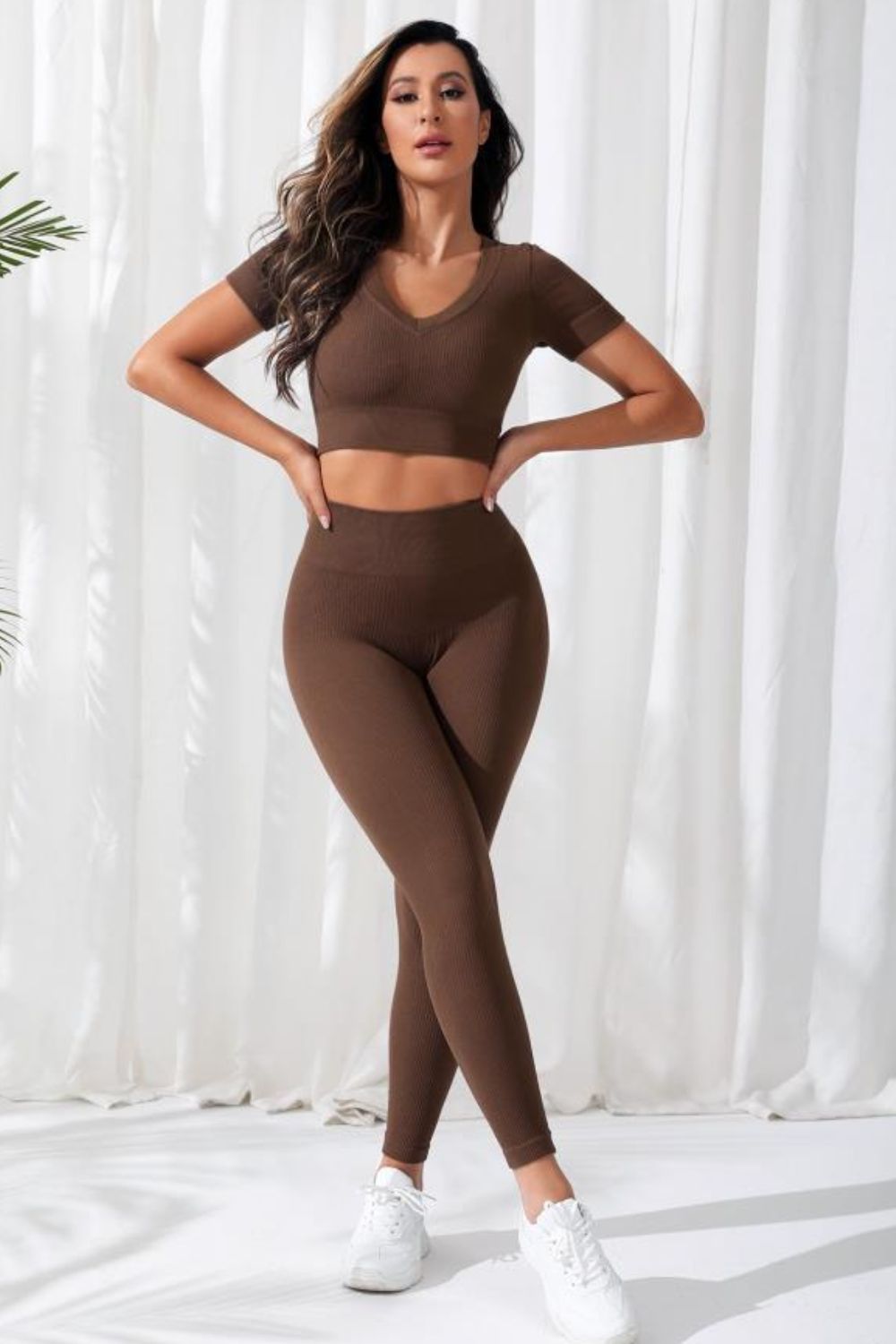 V-Neck Crop Top and High Waistband Long Active Pants-TOPS / DRESSES-[Adult]-[Female]-Chocolate-S-2022 Online Blue Zone Planet