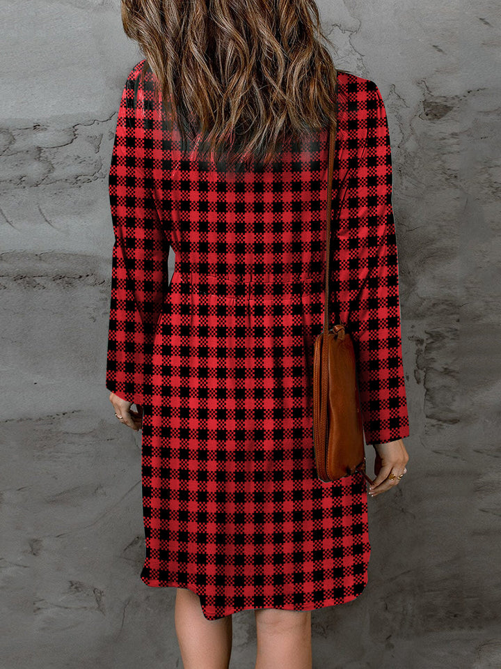 Double Take Full Size Plaid Round Neck Long Sleeve Magic Dress-TOPS / DRESSES-[Adult]-[Female]-2022 Online Blue Zone Planet