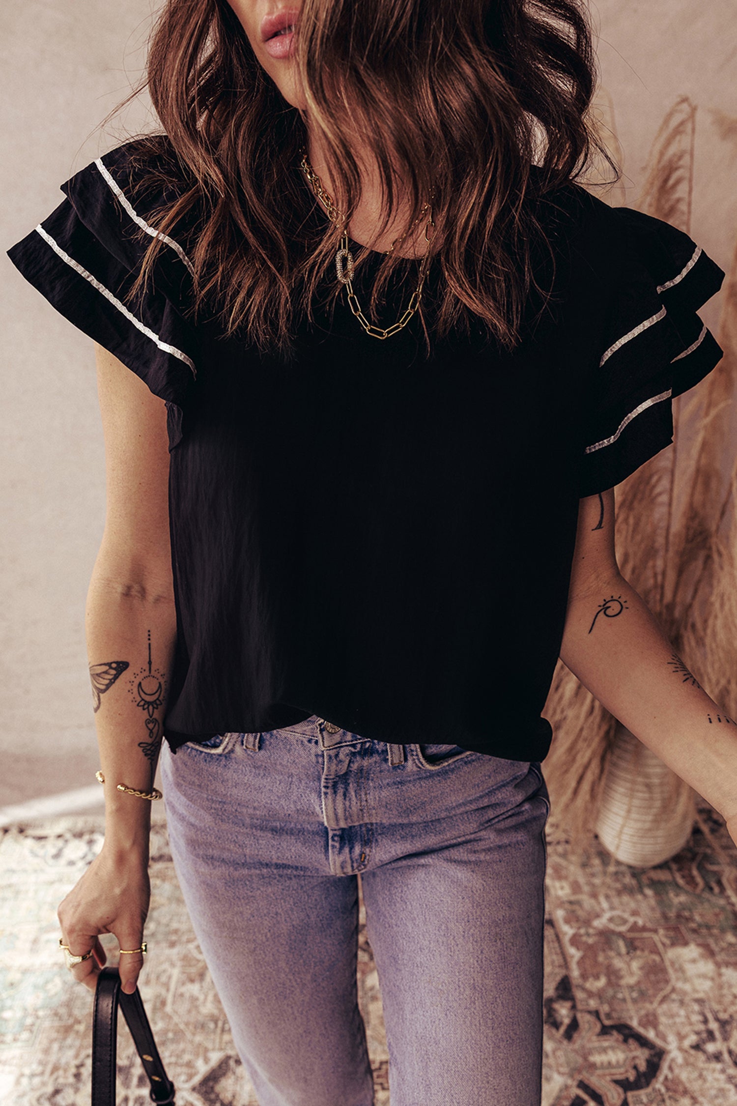 Black Contrast Trim Dual Ruffle Short Sleeve Textured Blouse-Tops/Blouses & Shirts-[Adult]-[Female]-2022 Online Blue Zone Planet