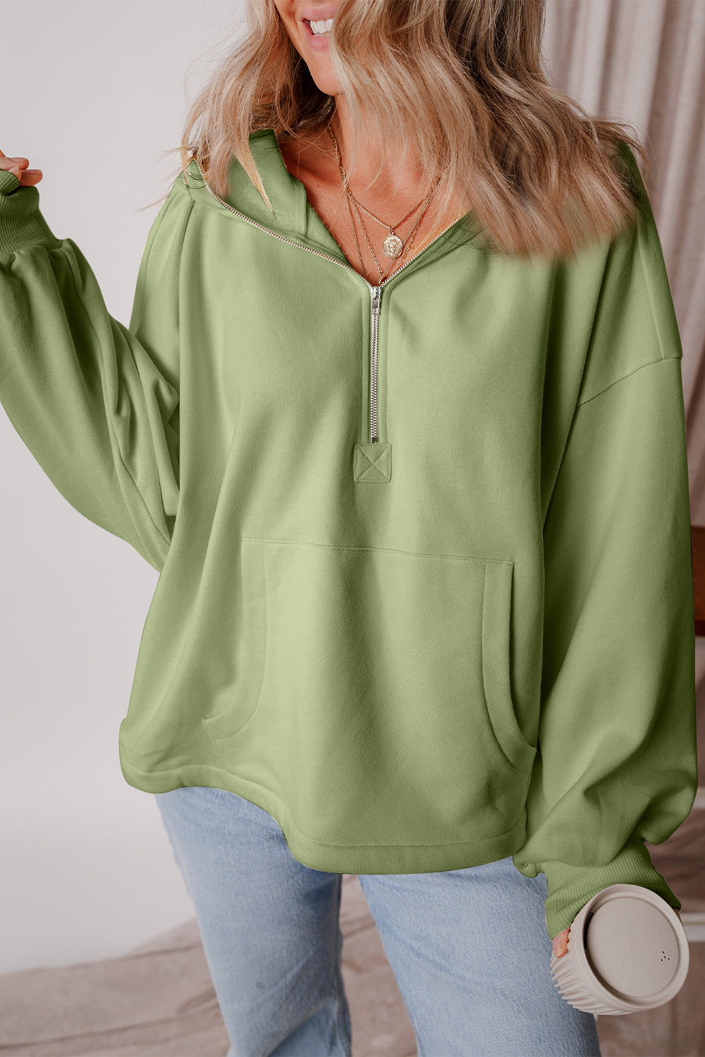 Pocketed Half Zip Dropped Shoulder Hoodie-HOODIES-[Adult]-[Female]-2022 Online Blue Zone Planet