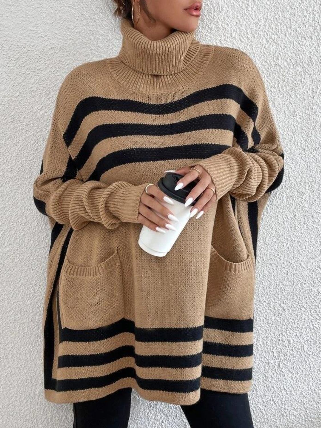 Striped Turtleneck Batwing Sleeve Sweater with Pockets-TOPS / DRESSES-[Adult]-[Female]-2022 Online Blue Zone Planet