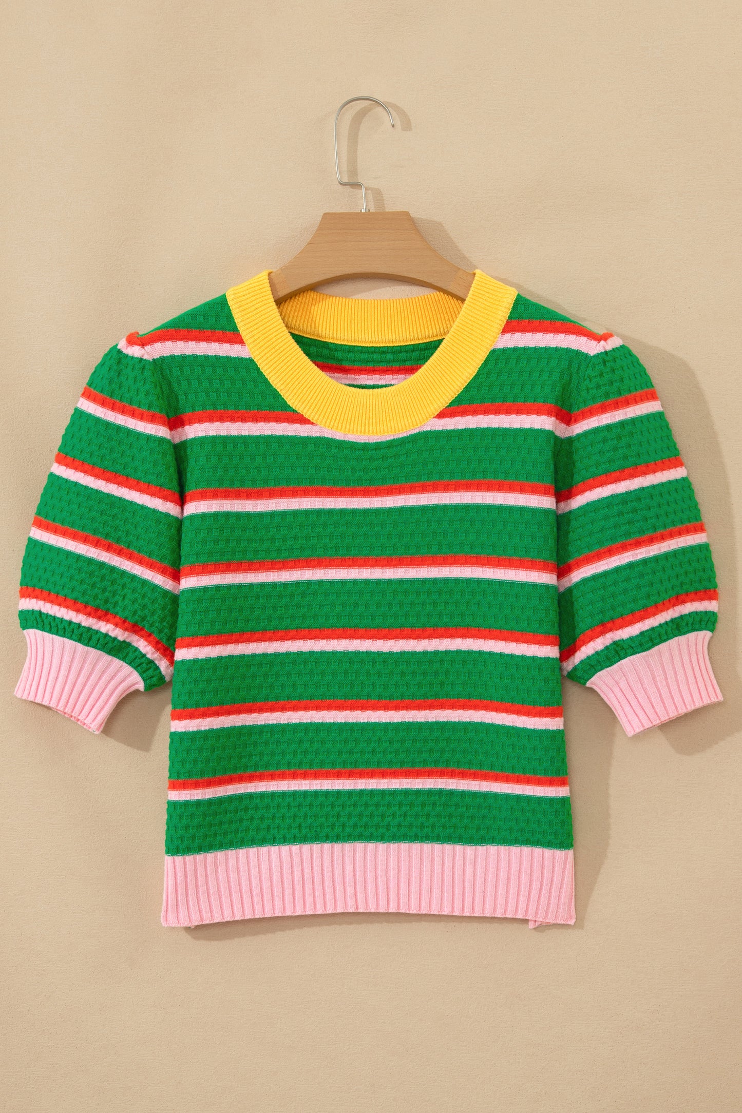 Green Stripe Colorblock Trim Half Sleeve Sweater Top-TOPS / DRESSES-[Adult]-[Female]-2022 Online Blue Zone Planet