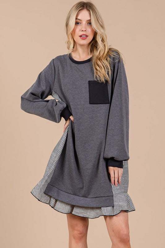 Ces Femme Striped Patchwork Round Neck Terry Sweatshirt Dress-TOPS / DRESSES-[Adult]-[Female]-Charcoal-S-2022 Online Blue Zone Planet