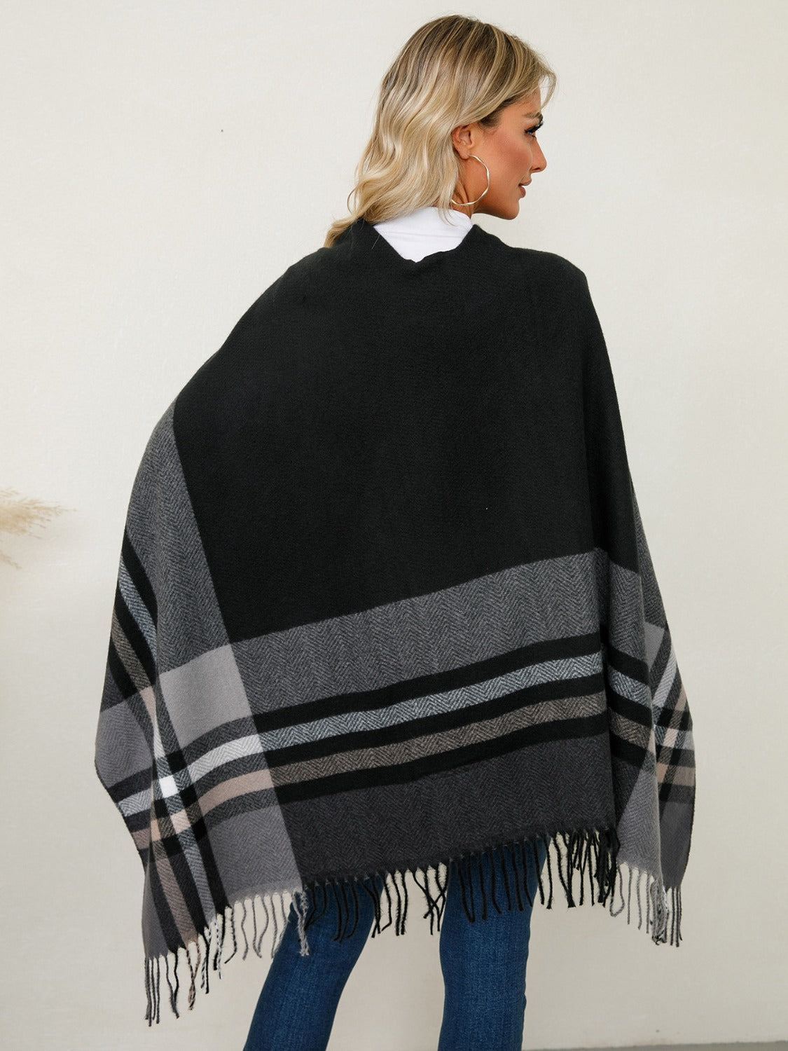 Fringe Contrast Plaid Poncho-TOPS / DRESSES-[Adult]-[Female]-2022 Online Blue Zone Planet