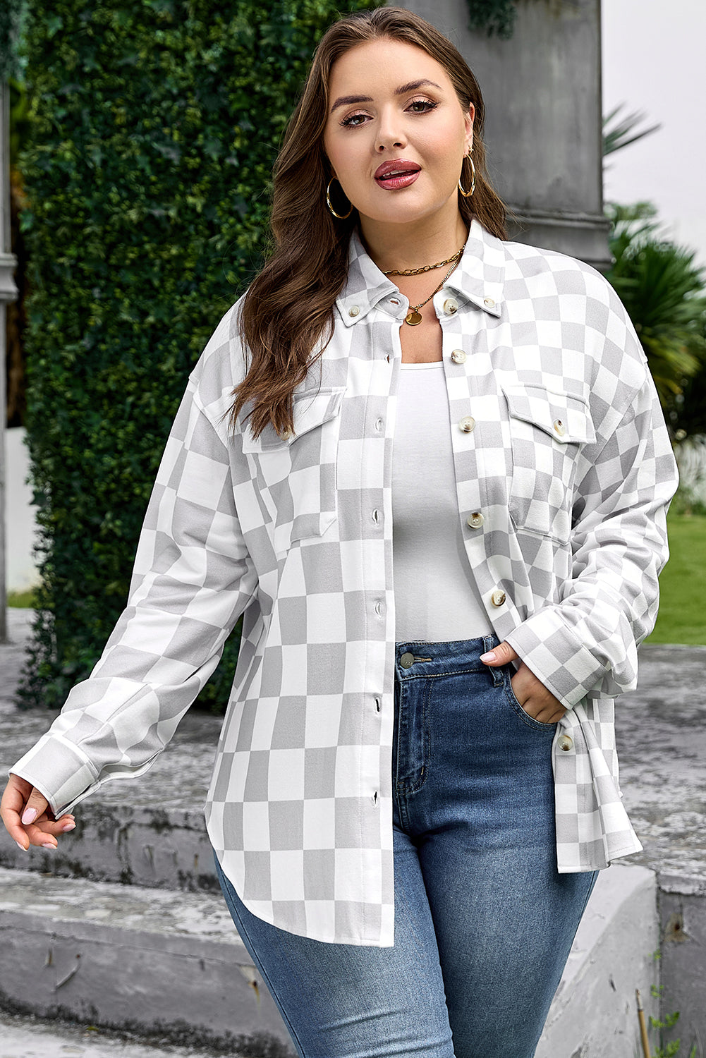 Khaki Plus Size Checkered Buttoned Down Casual Western Jacket-Plus Size/Plus Size Outerwear-[Adult]-[Female]-2022 Online Blue Zone Planet
