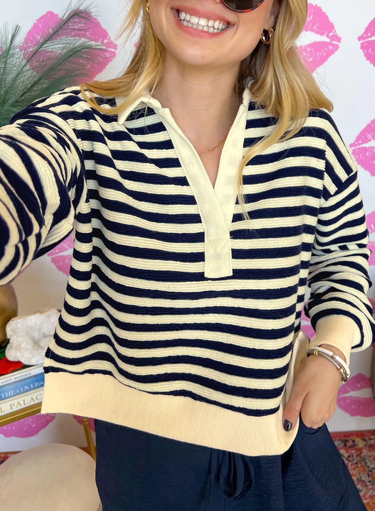 Blue Stripe Collared V Neck Long Sleeve Casual Top-Tops/Long Sleeve Tops-[Adult]-[Female]-2022 Online Blue Zone Planet