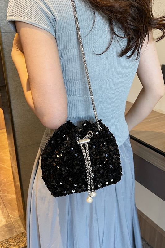 Sequin Chain Drawstring Bucket Bag-HANDBAGS-[Adult]-[Female]-2022 Online Blue Zone Planet