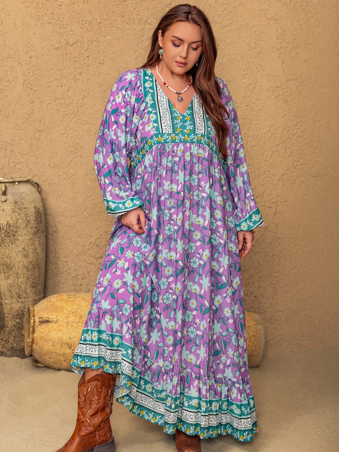 Blue Zone Planet | Plus Size Printed V-Neck Long Sleeve Maxi Dress-TOPS / DRESSES-[Adult]-[Female]-2022 Online Blue Zone Planet