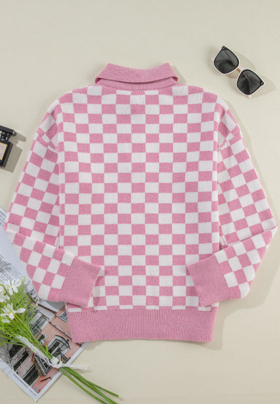 Checkered Collared Neck Long Sleeve Sweater-TOPS / DRESSES-[Adult]-[Female]-2022 Online Blue Zone Planet