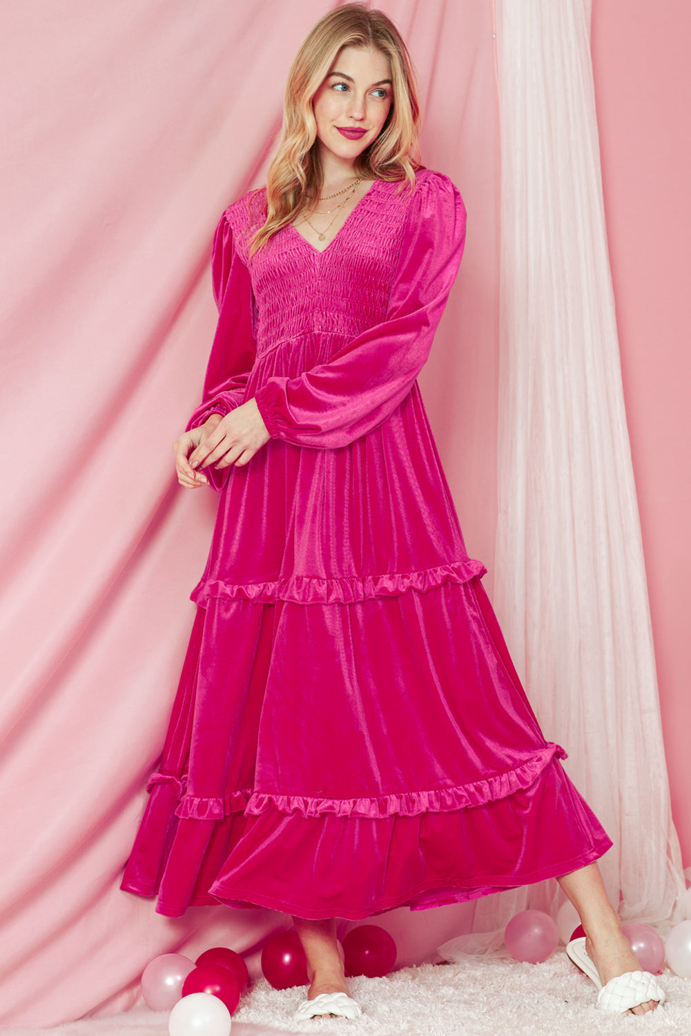 Rose Red Shirred V Neck Long Sleeve Velvet Dress-Maxi Dresses-[Adult]-[Female]-2022 Online Blue Zone Planet