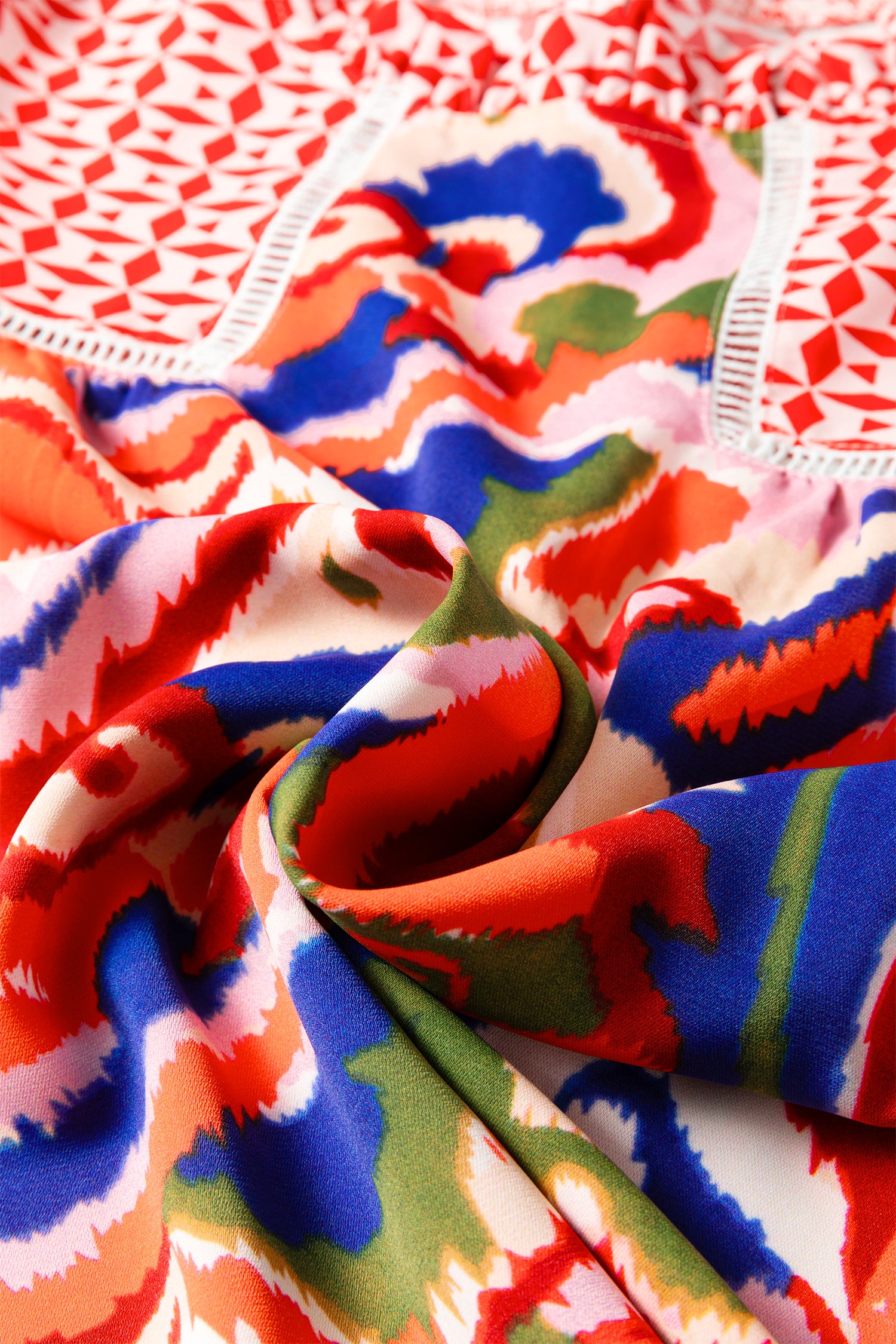 Red Paisley Geometric Mixed Print Patchwork Puff Sleeve Blouse Top-Tops/Blouses & Shirts-[Adult]-[Female]-2022 Online Blue Zone Planet