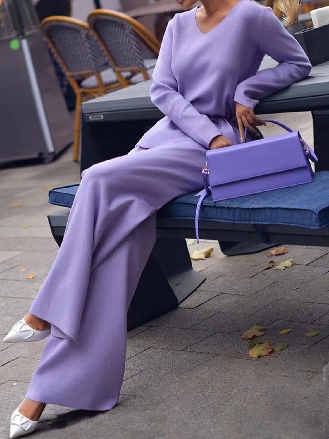 V-Neck Long Sleeve Top and Drawstring Pants Sweater Set-TOPS / DRESSES-[Adult]-[Female]-Blue Purple-One Size-2022 Online Blue Zone Planet