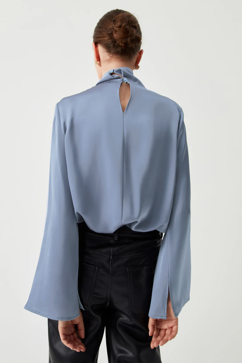 Ivy Asymmetric Pleated Turtleneck Bell Sleeve Blouse-Tops/Blouses & Shirts-[Adult]-[Female]-2022 Online Blue Zone Planet