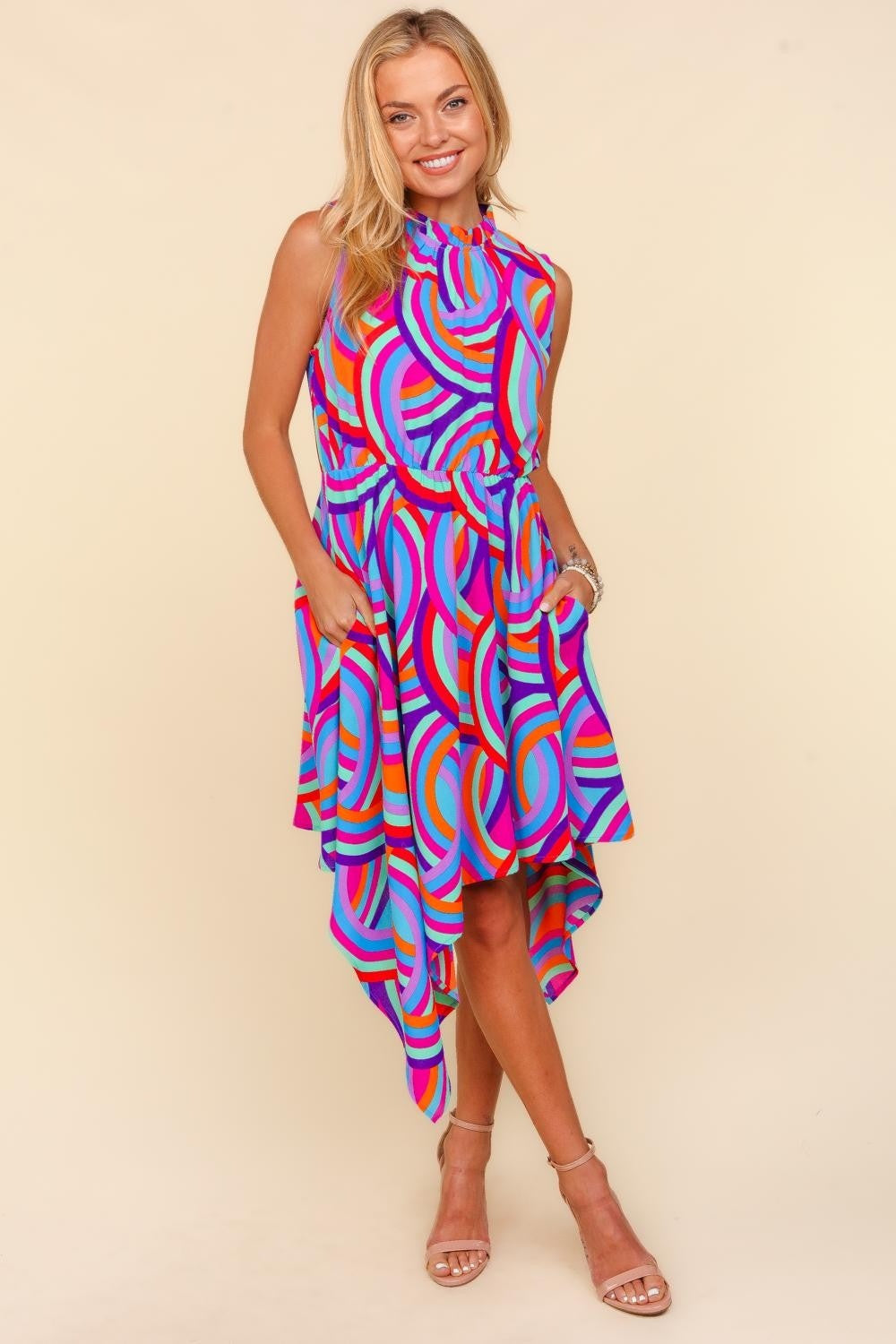 Blue Zone Planet | Haptics Full Size Mock Neck Sleeveless Printed Dress-TOPS / DRESSES-[Adult]-[Female]-2022 Online Blue Zone Planet