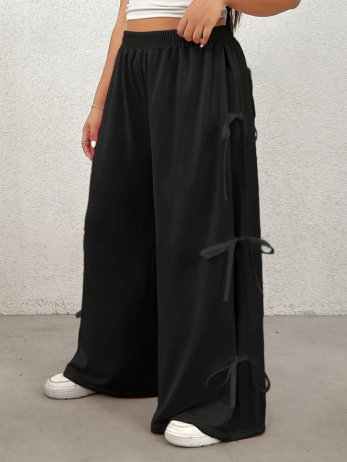 Plus Size Bow Elastic Waist Wide Leg Pants-BOTTOMS SIZES SMALL MEDIUM LARGE-[Adult]-[Female]-Black-L-2022 Online Blue Zone Planet