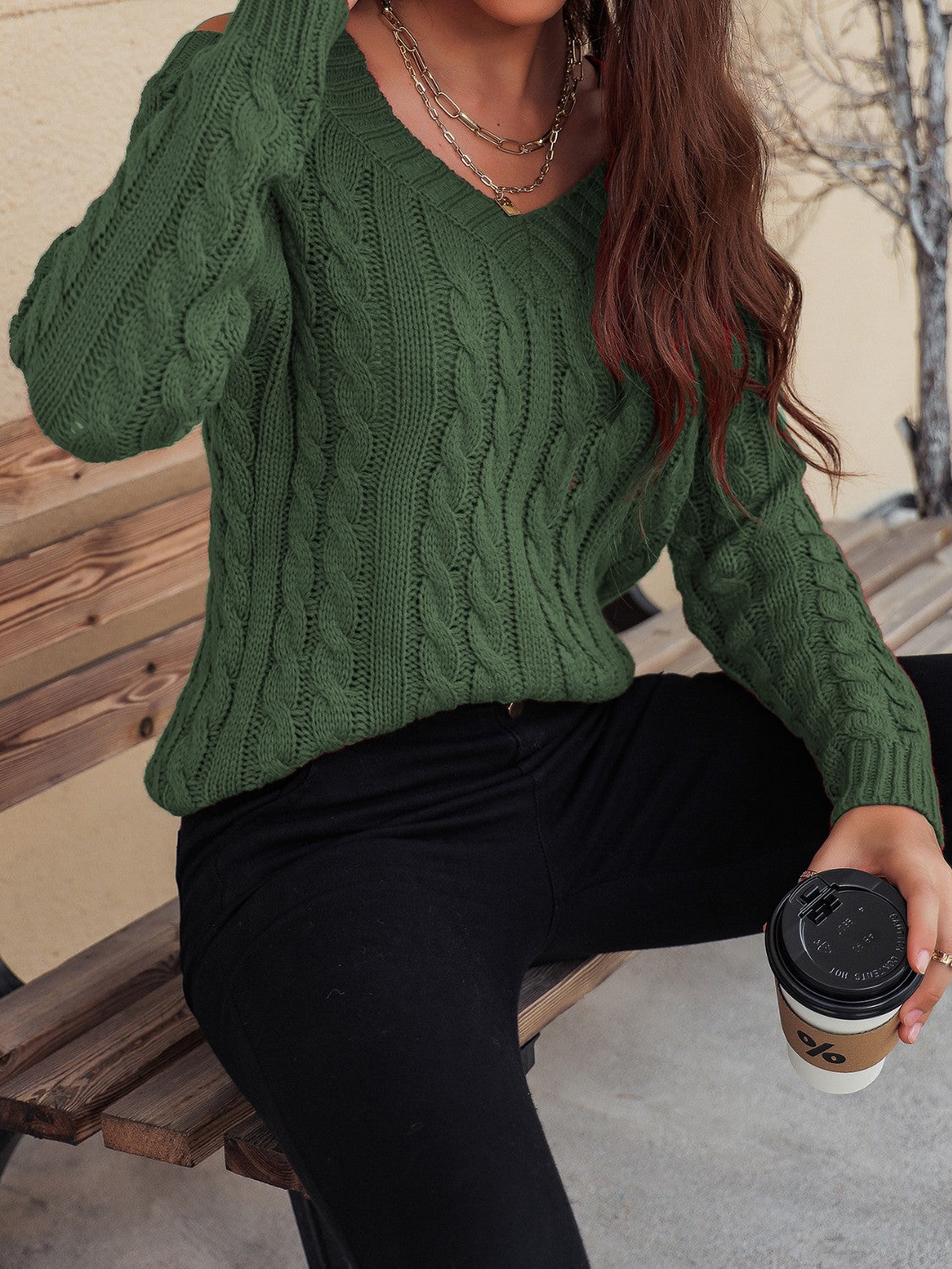 Honey Cable-Knit V-Neck Cold Shoulder Sweater-TOPS / DRESSES-[Adult]-[Female]-2022 Online Blue Zone Planet