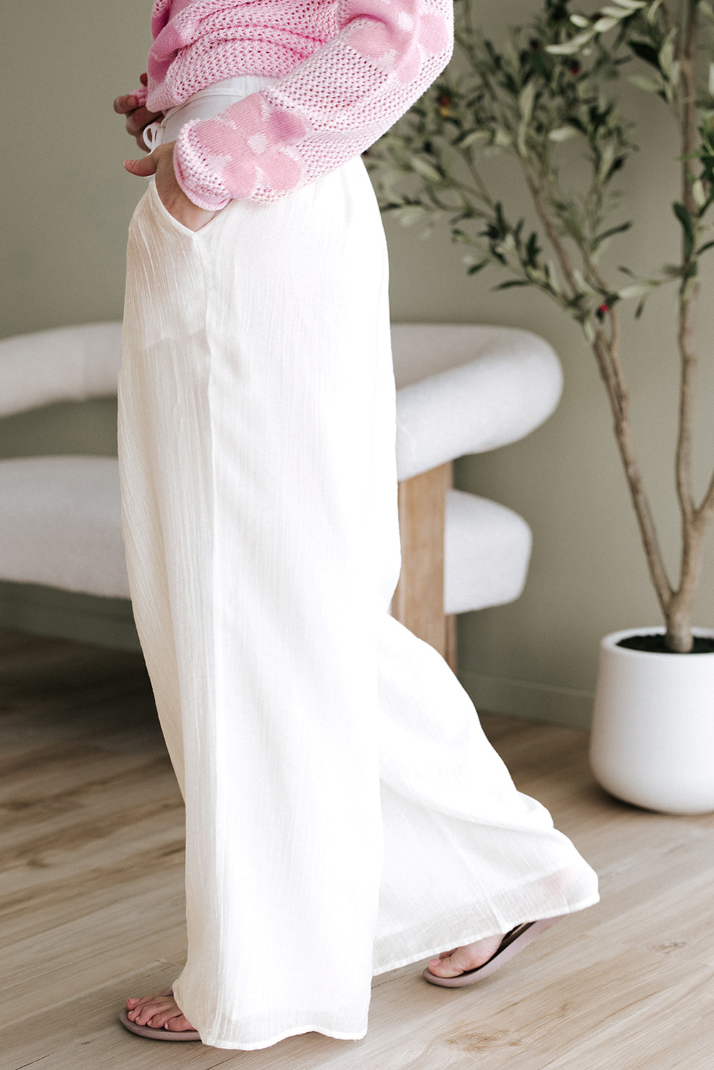 White Casual Tie Waist Pleated Wide Leg Pants-Bottoms/Pants & Culotte-[Adult]-[Female]-2022 Online Blue Zone Planet