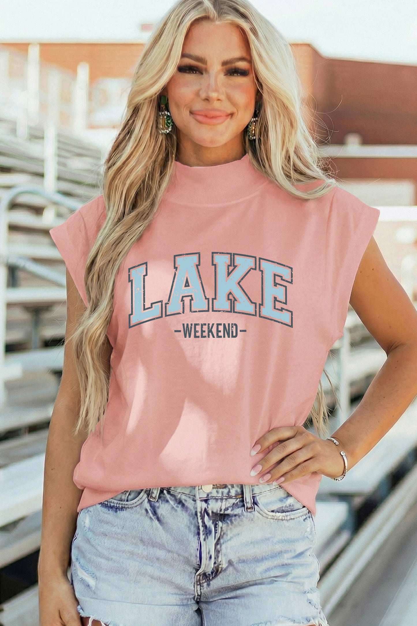 Pink Lake Weekend Graphic High Neck Short Sleeve Top-Graphic/Graphic Tees-[Adult]-[Female]-2022 Online Blue Zone Planet