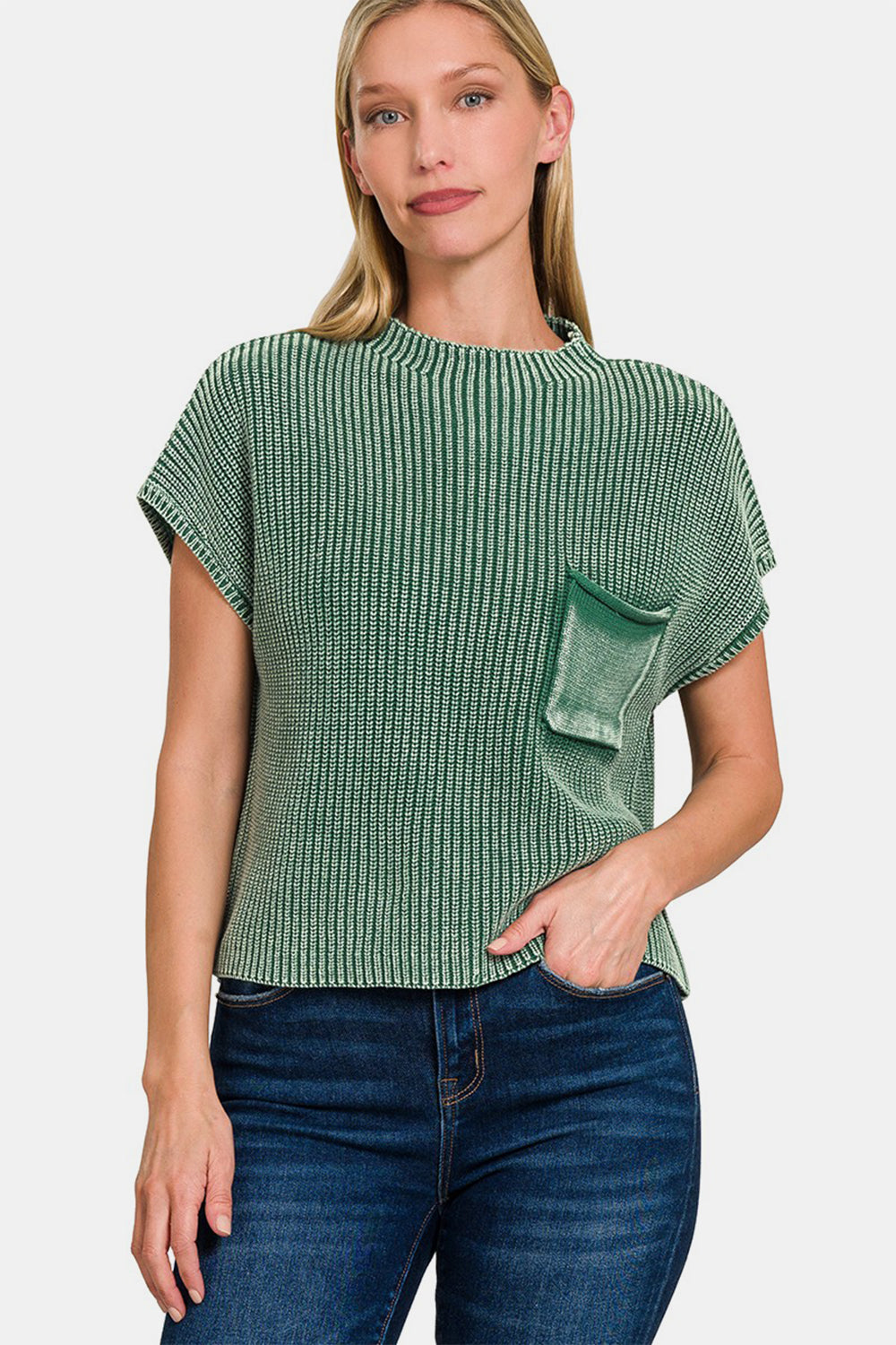 Zenana Washed Mock Neck Short Sleeve Cropped Sweater-TOPS / DRESSES-[Adult]-[Female]-Dk Green-S/M-2022 Online Blue Zone Planet