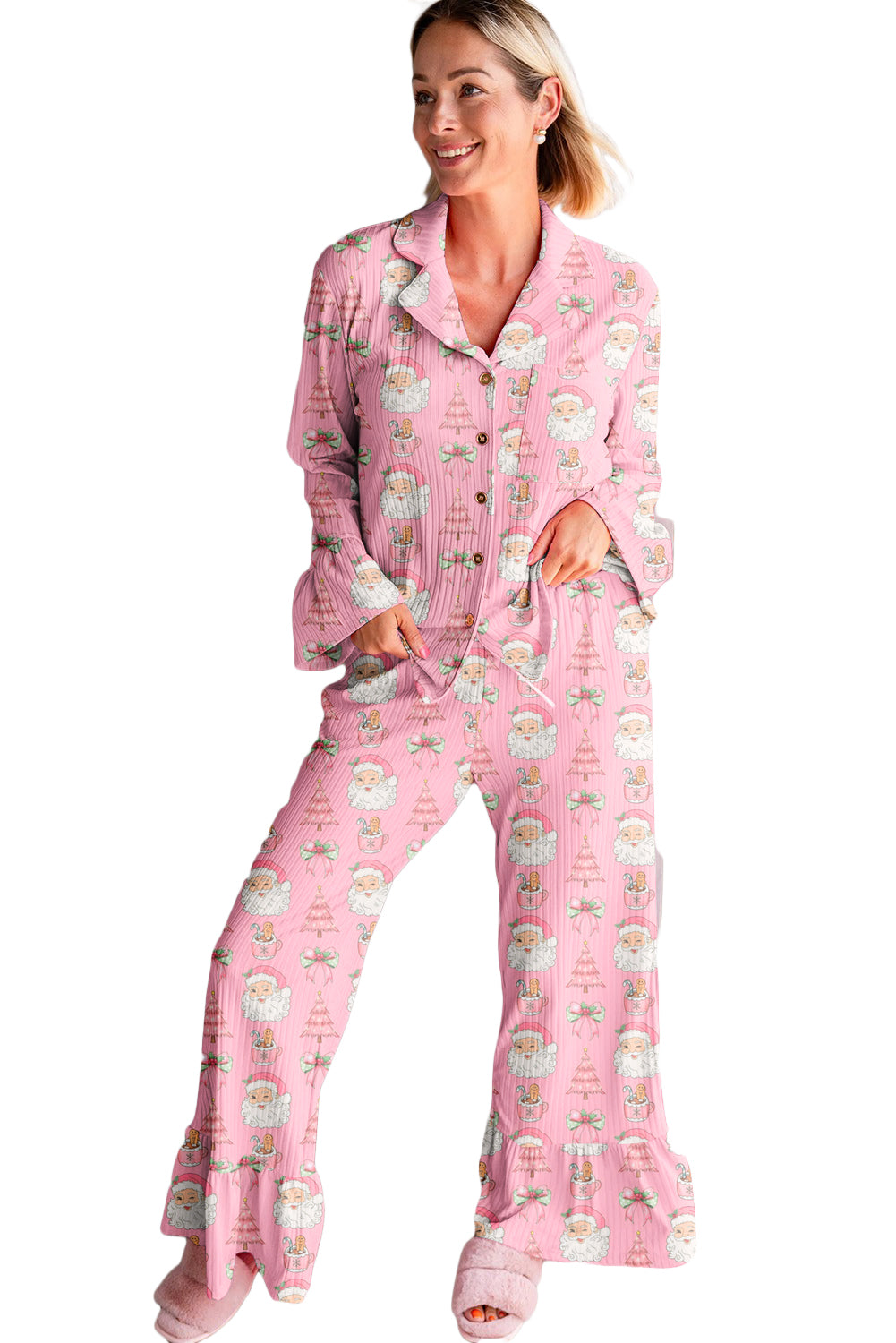 Pink Christmas Print Ruffle Ribbed Shirt and Pants Pajama Set-Loungewear Set-[Adult]-[Female]-2022 Online Blue Zone Planet
