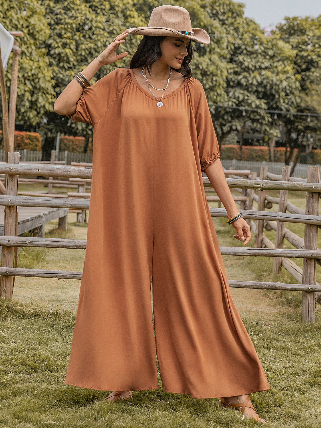 Scoop Neck Half Sleeve Wide Leg Jumpsuit-TOPS / DRESSES-[Adult]-[Female]-2022 Online Blue Zone Planet