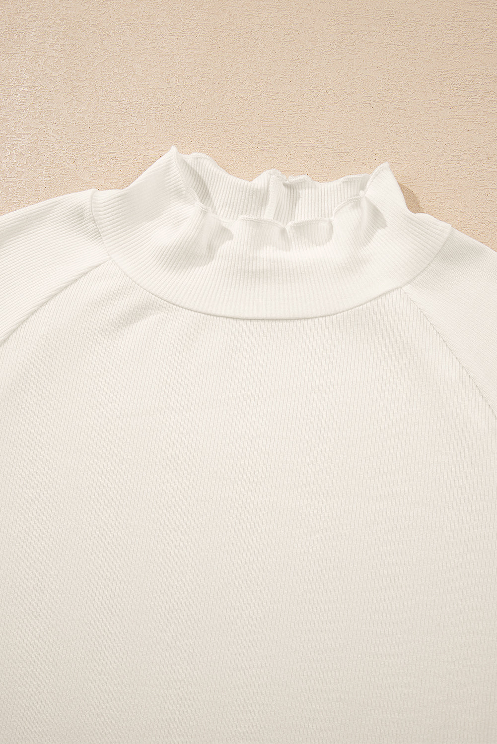 White Ribbed Knit Lettuce Trim High Neck Long Sleeve Top-TOPS / DRESSES-[Adult]-[Female]-2022 Online Blue Zone Planet